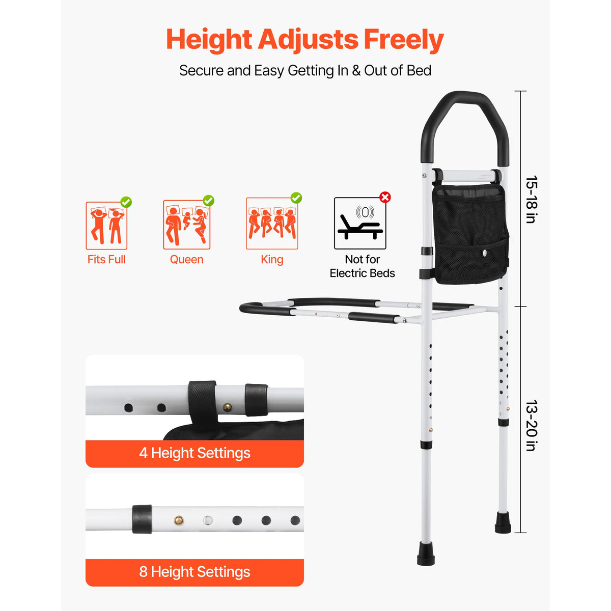 Bed Rail for Elderly, Bedside Assist Rails with Supporting Leg and PU Handrail, Adjustable Height Carbon Steel Pipe Bedside Cane, Bed Bars for Seniors & Patients, Fits King, Queen, Full, Twin