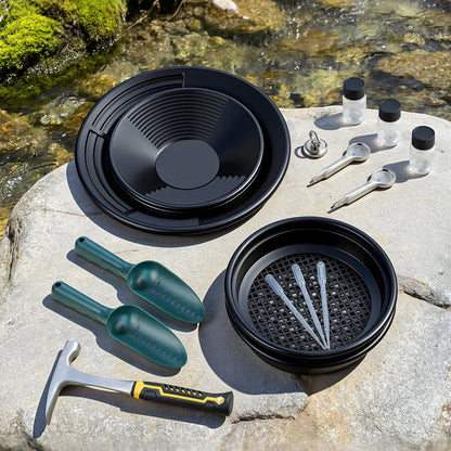 Gold Panning Kit, 254 mm and 355 mm Pans, 19 PCS Portable Prospecting Equipment Kit with Classifier Sieves, Sand Magnet, Rock Pick, Scoops, Backpack, and Accessories, for Outdoor Gold Recovery