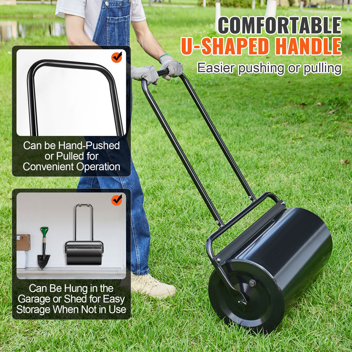 VEVOR Lawn Roller, 13 Gallon 24Inch Sand/Water Filled Yard Roller, Steel Sod Roller with Easy-turn Plug and U-Shaped Ergonomic Handle for Convenient Push and Pull, for Lawn, Garden, Farm, Park, Black