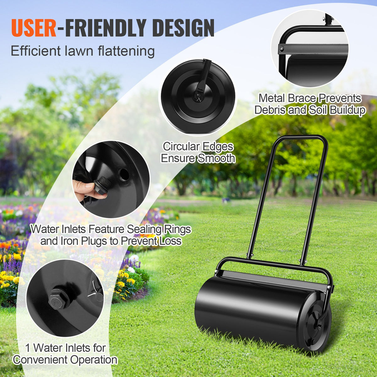 VEVOR Lawn Roller, 13 Gallon 24Inch Sand/Water Filled Yard Roller, Steel Sod Roller with Easy-turn Plug and U-Shaped Ergonomic Handle for Convenient Push and Pull, for Lawn, Garden, Farm, Park, Black