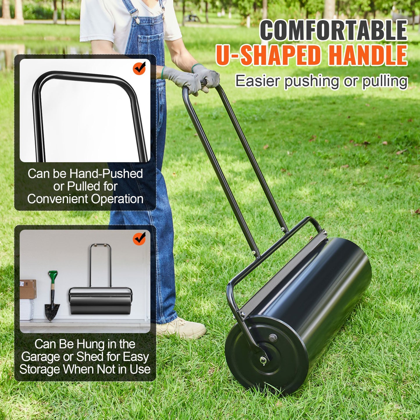 VEVOR Lawn Roller, 17 Gallon 36 Inch Sand/Water Filled Yard Roller, Steel Sod Roller with Easy-turn Plug and U-Shaped Ergonomic Handle for Convenient Push and Pull, for Lawn, Garden, Farm, Park, Black