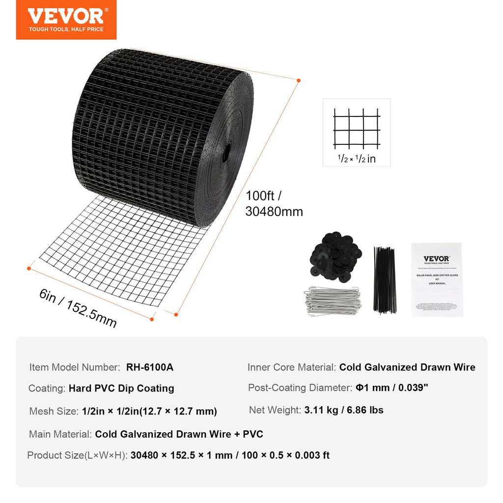 VEVOR 6 in x 100ft Solar Panel Bird Guard Critter Guard Roll Kit 60pcs Fasteners