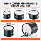 Kids Drum Set, 5-Piece, 406.4 mm Beginner Full Drum Set with Bass Toms Snare Floor Drum Adjustable Throne Cymbal Hi-Hat Pedal and Two Pairs of Drumsticks, Starter Drum Kit for Child Kids, Black