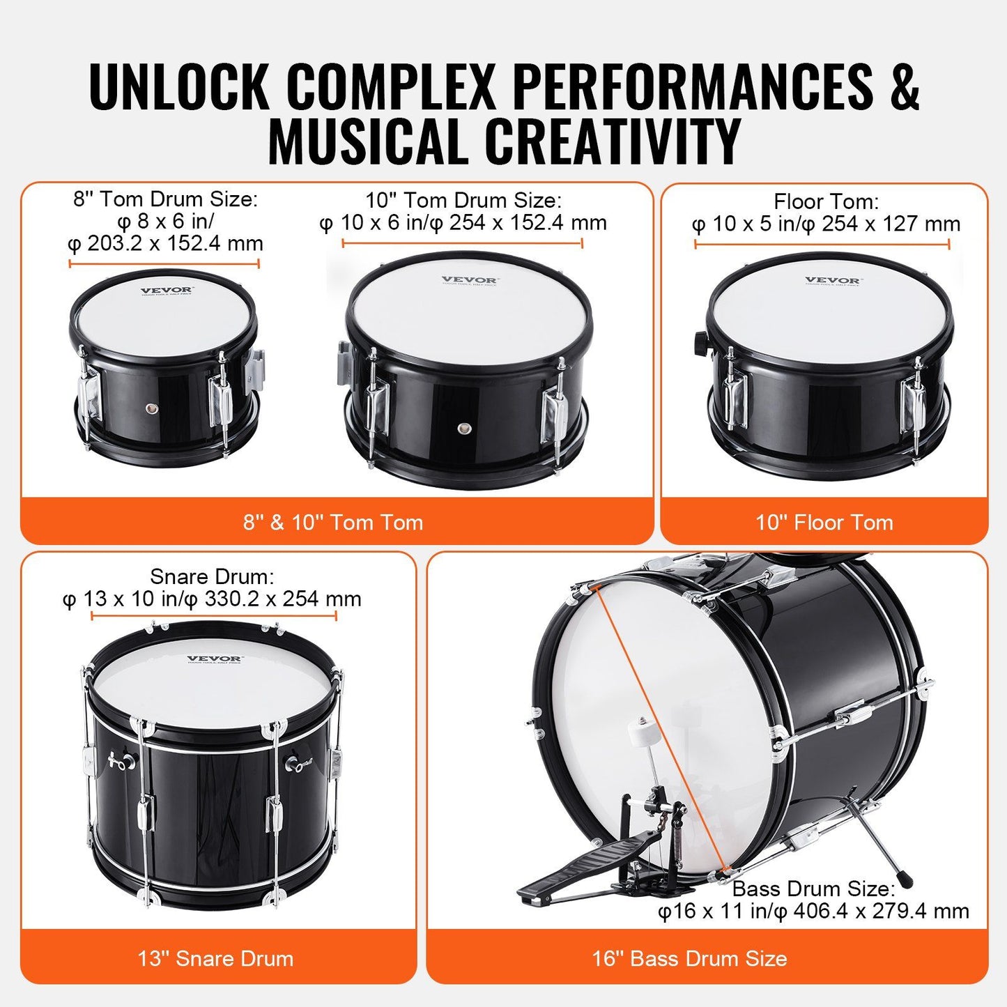 Kids Drum Set, 5-Piece, 406.4 mm Beginner Full Drum Set with Bass Toms Snare Floor Drum Adjustable Throne Cymbal Hi-Hat Pedal and Two Pairs of Drumsticks, Starter Drum Kit for Child Kids, Black