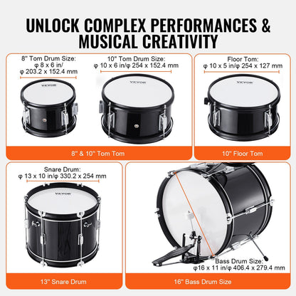 Kids Drum Set, 5-Piece, 406.4 mm Beginner Full Drum Set with Bass Toms Snare Floor Drum Adjustable Throne Cymbal Hi-Hat Pedal and Two Pairs of Drumsticks, Starter Drum Kit for Child Kids, Black