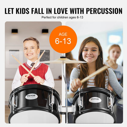 Kids Drum Set, 5-Piece, 406.4 mm Beginner Full Drum Set with Bass Toms Snare Floor Drum Adjustable Throne Cymbal Hi-Hat Pedal and Two Pairs of Drumsticks, Starter Drum Kit for Child Kids, Black