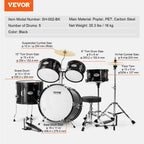 Kids Drum Set, 5-Piece, 406.4 mm Beginner Full Drum Set with Bass Toms Snare Floor Drum Adjustable Throne Cymbal Hi-Hat Pedal and Two Pairs of Drumsticks, Starter Drum Kit for Child Kids, Black
