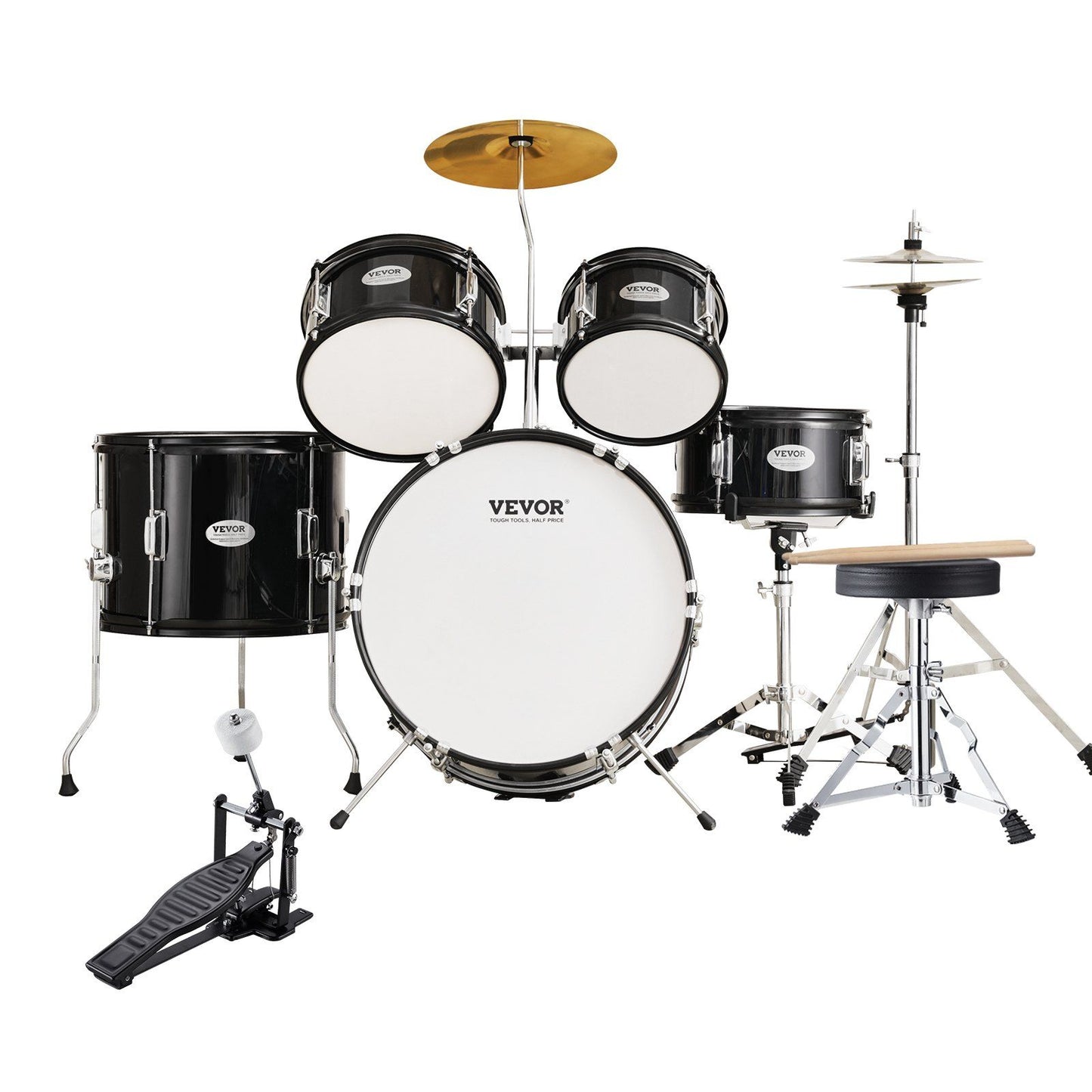 Kids Drum Set, 5-Piece, 406.4 mm Beginner Full Drum Set with Bass Toms Snare Floor Drum Adjustable Throne Cymbal Hi-Hat Pedal and Two Pairs of Drumsticks, Starter Drum Kit for Child Kids, Black