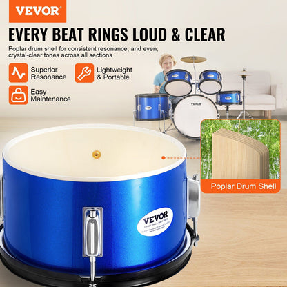 Kids Drum Set, 5-Piece, 406.4 mm Beginner Full Drum Set with Bass Toms Snare Floor Drum Adjustable Throne Cymbal Hi-Hat Pedal and Two Pairs of Drumsticks, Starter Drum Kit for Child Kids, Blue