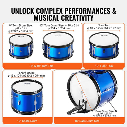 Kids Drum Set, 5-Piece, 406.4 mm Beginner Full Drum Set with Bass Toms Snare Floor Drum Adjustable Throne Cymbal Hi-Hat Pedal and Two Pairs of Drumsticks, Starter Drum Kit for Child Kids, Blue