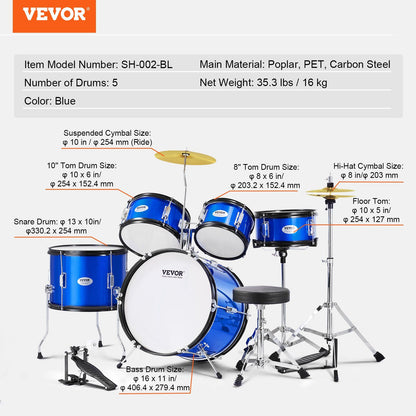 Kids Drum Set, 5-Piece, 406.4 mm Beginner Full Drum Set with Bass Toms Snare Floor Drum Adjustable Throne Cymbal Hi-Hat Pedal and Two Pairs of Drumsticks, Starter Drum Kit for Child Kids, Blue