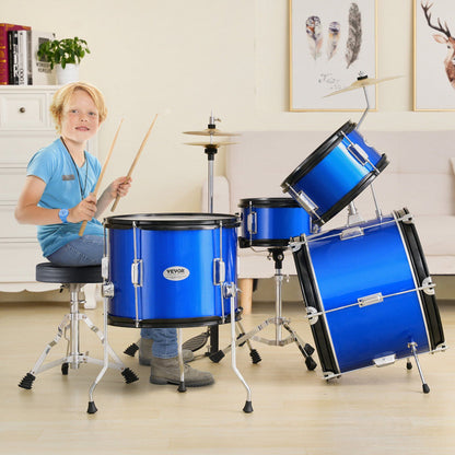 Kids Drum Set, 5-Piece, 406.4 mm Beginner Full Drum Set with Bass Toms Snare Floor Drum Adjustable Throne Cymbal Hi-Hat Pedal and Two Pairs of Drumsticks, Starter Drum Kit for Child Kids, Blue