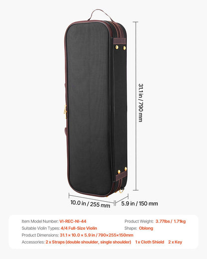 4/4 Full Size Violin Case, Built-in Hygrometer, Lightweight Portable Travel Carrying Bag, with Plush Lining, Shoulder Straps, Anti-Scratch, Professional Oblong Shape, for Violin, Black