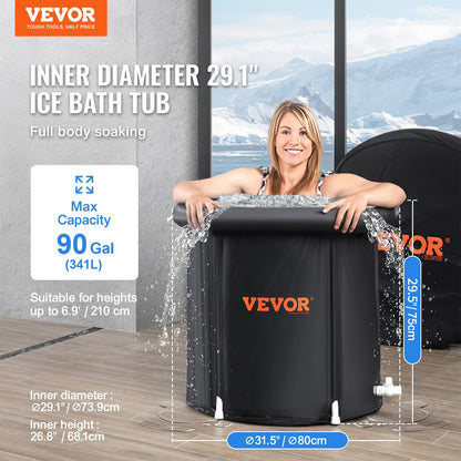 Ice Bath Tub, 80 cm Long Cold Water Therapy Plunge Tub for Athletes, Portable Outdoor Ice Barrel Plunge Pool for Recovery, 341L Inflatable Folding Bathtub with Cover, Home Ice Pod for Adult