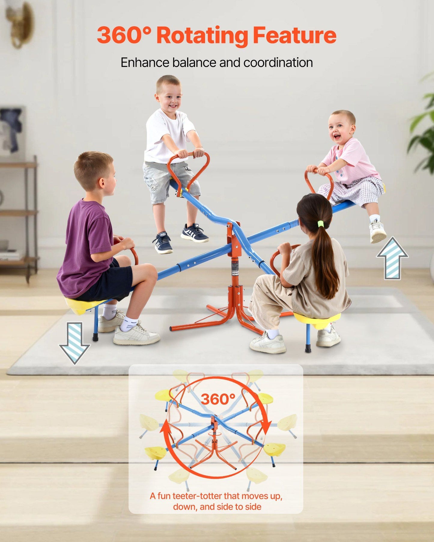Kids Seesaw, 49.9 kg Load Capacity per Seat, Sit and Spin Teeter Totter with 4-prong Support Legs, Kids Outdoor Playground Equipment, Swiveling 360 Degrees Rotating for Children Aged 3+, 4 Seats