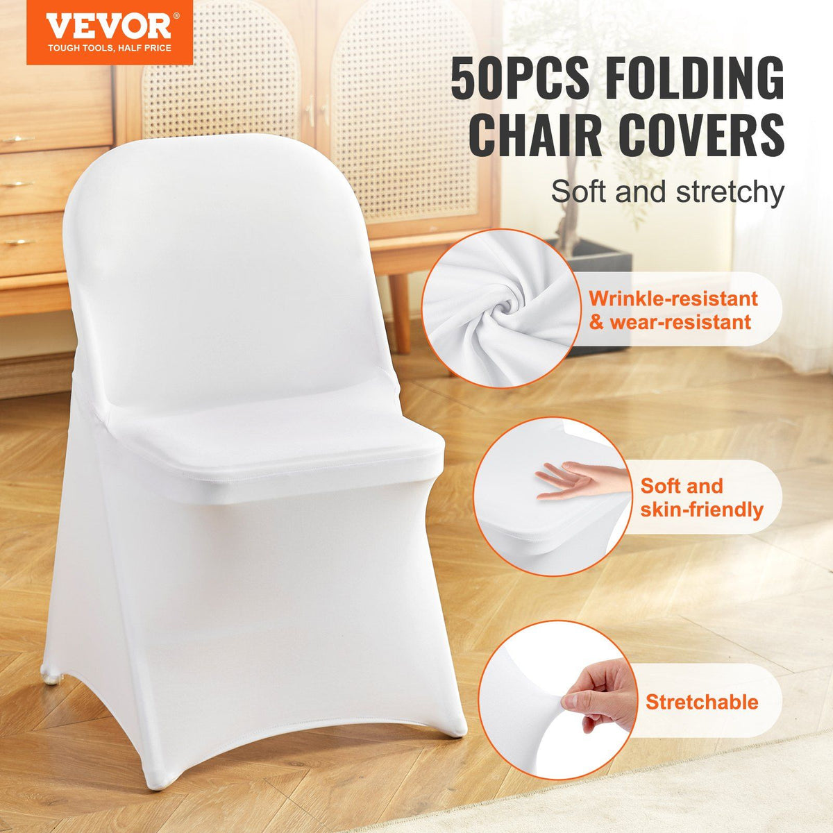 Stretch Spandex Folding Chair Covers, Universal Fitted Chair Cover, Removable Washable Protective Slipcovers, for Wedding, Holiday, Banquet, Party, Celebration, Dining (50PCS White)