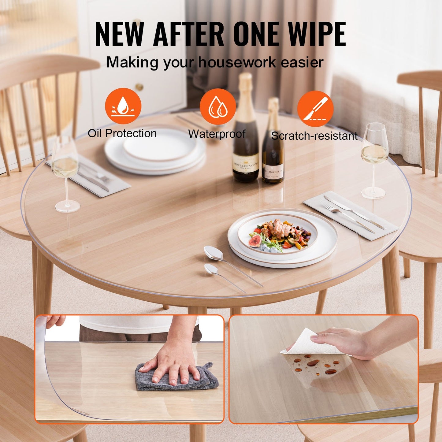 VEVOR Plastic Table Cover, 42 x 42 Inch 2.0 mm Thick Clear Table Protector, Round PVC Desk Mat, Waterproof & Easy Cleaning Desk Pad Tablecloth, for Office Dresser Dining Room Table Night Stand