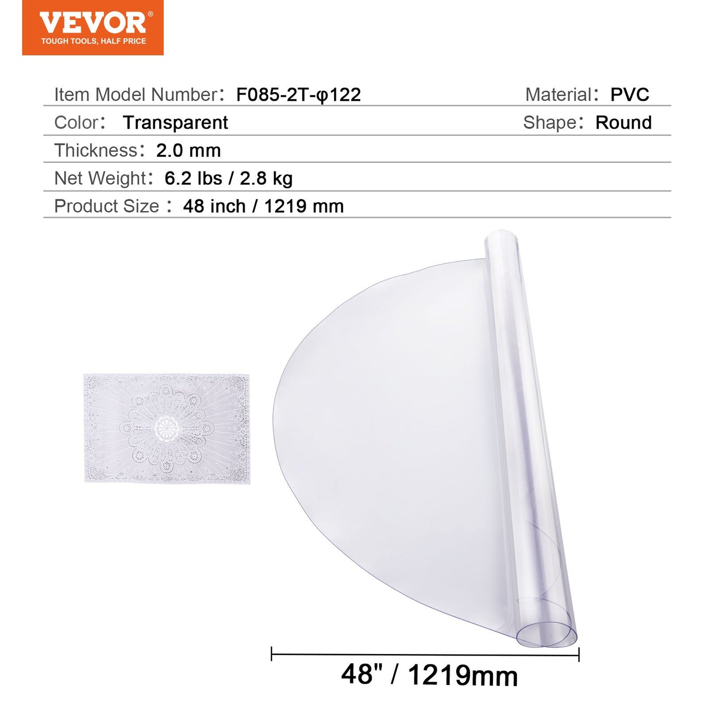 VEVOR Plastic Table Cover, 48 x 48 Inch 2.0 mm Thick Clear Table Protector, Round PVC Desk Mat, Waterproof & Easy Cleaning Desk Pad Tablecloth, for Office Dresser Dining Room Table Night Stand