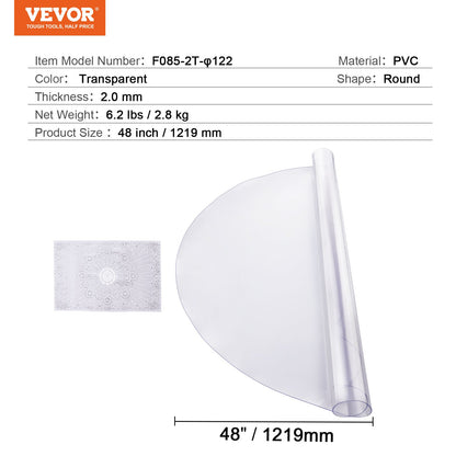 VEVOR Plastic Table Cover, 48 x 48 Inch 2.0 mm Thick Clear Table Protector, Round PVC Desk Mat, Waterproof & Easy Cleaning Desk Pad Tablecloth, for Office Dresser Dining Room Table Night Stand