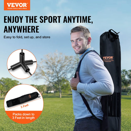 Man holding a VEVOR product with outdoor setting and promotional text.