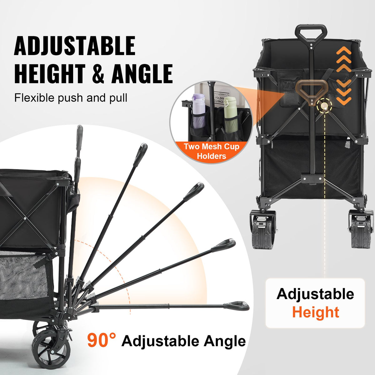 VEVOR Foldable Double Decker Wagon, 400L Collapsible Wagon Cart with All-Terrain Wheels, Heavy Duty Folding Wagon Cart 350-450 lb Weight Capacity for Camping, Shopping, Garden, 52" Extra Long Extender
