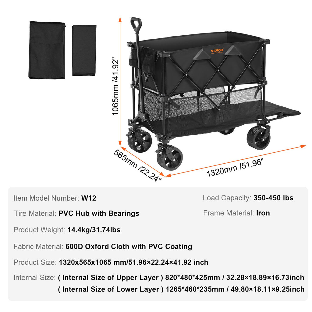 VEVOR Foldable Double Decker Wagon, 400L Collapsible Wagon Cart with All-Terrain Wheels, Heavy Duty Folding Wagon Cart 350-450 lb Weight Capacity for Camping, Shopping, Garden, 52" Extra Long Extender