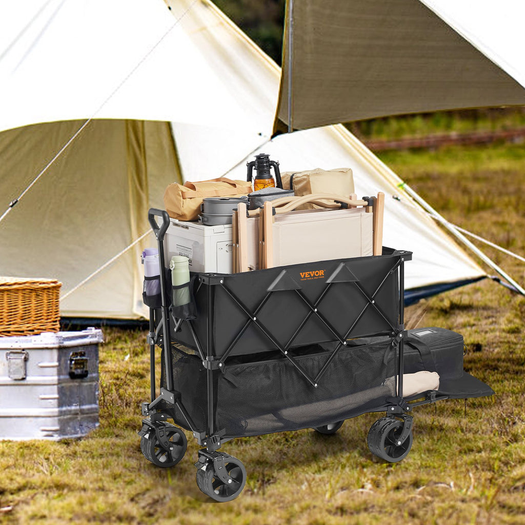 VEVOR Foldable Double Decker Wagon, 400L Collapsible Wagon Cart with All-Terrain Wheels, Heavy Duty Folding Wagon Cart 350-450 lb Weight Capacity for Camping, Shopping, Garden, 52" Extra Long Extender