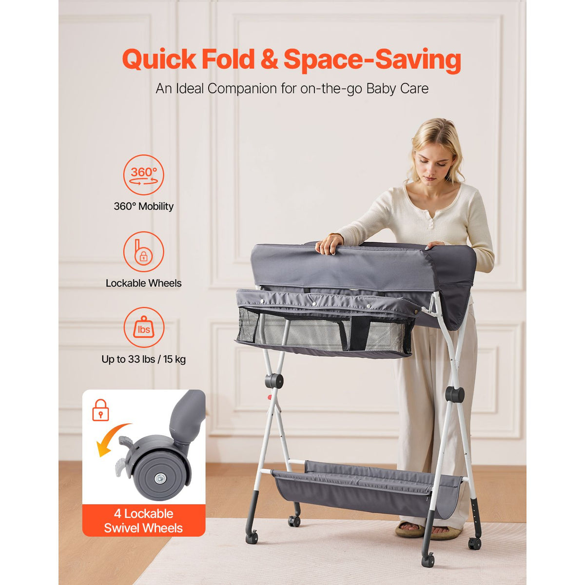 Baby Changing Table, Foldable Diaper Change Station with Side Basket, Adjustable Height Portable Changing Table with Lockable Wheels, Multi-Functional Storage Organizer Nursery, Dark Gray