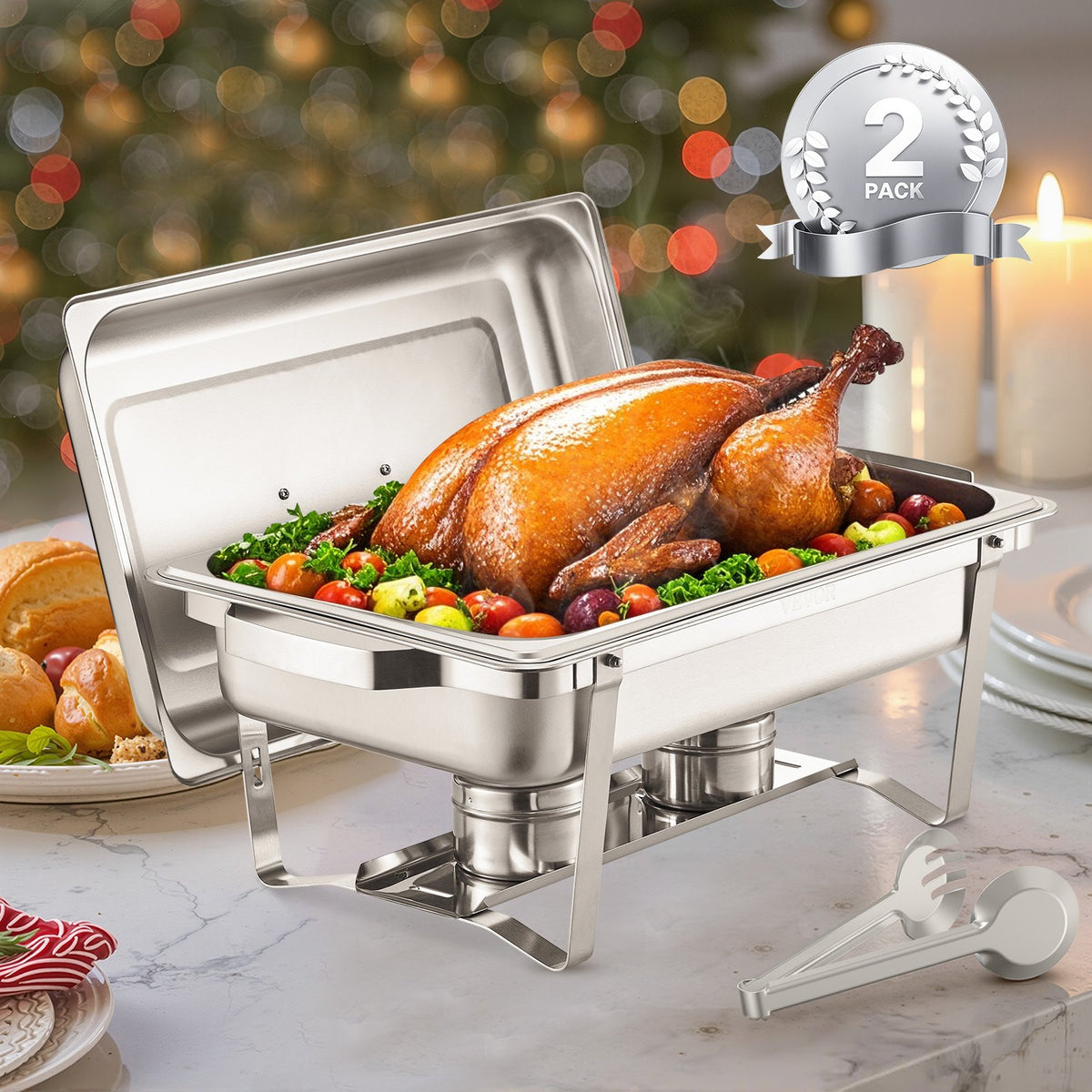 8 Qt 2 Pack Rectangle Chafing Dish Buffet Set Fullsize Pan Stainless Steel