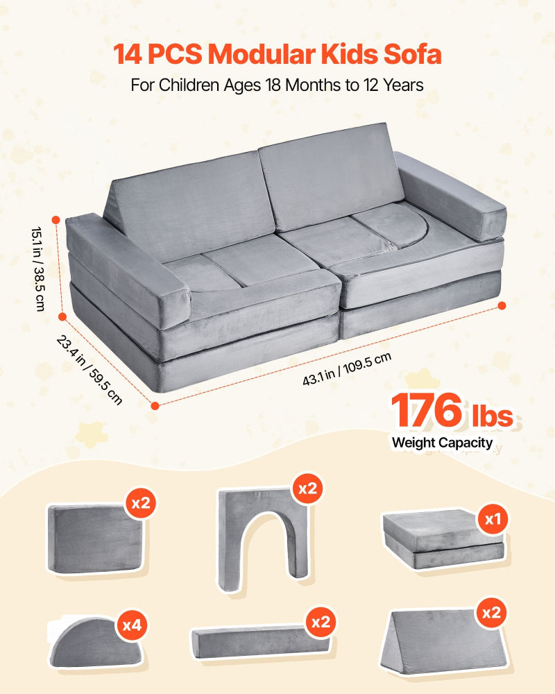 14-piece modular kids sofa set with dimensions and weight capacity on a beige background