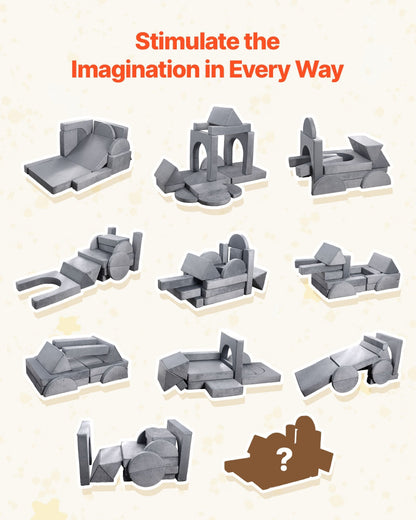 Set of gray building block toys with various shapes on a beige background, featuring text 'Stimulate the Imagination in Every Way'.