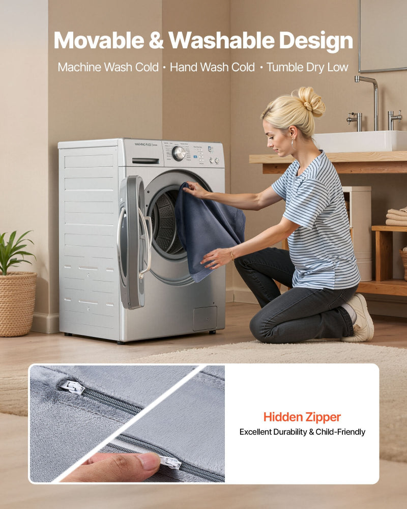 Woman placing a garment into a washing machine with text about design features.