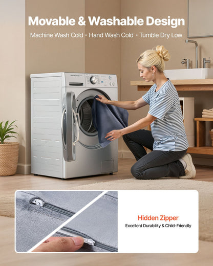 Woman placing a garment into a washing machine with text about design features.