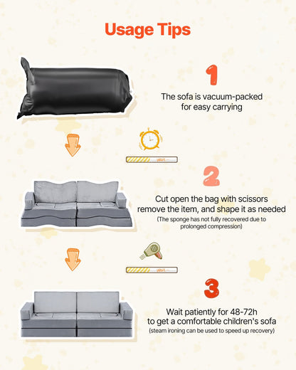 Usage tips for a vacuum-packed children's sofa on a light background