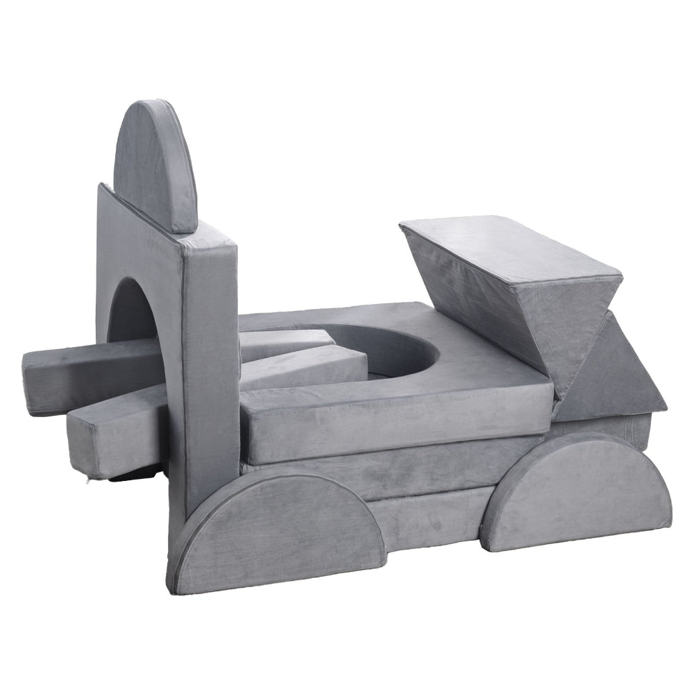Gray pet playpen with geometric shapes on a white background