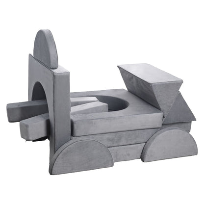 Gray pet playpen with geometric shapes on a white background