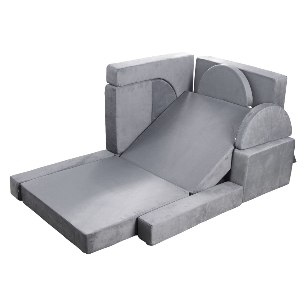 Gray children's playset with slide and steps on a white background