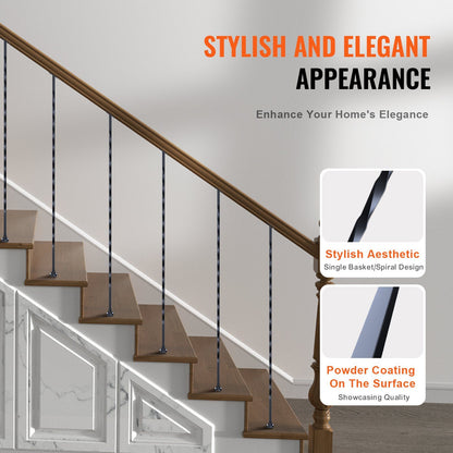 Staircase Metal Balusters, 44'' x 1/2" Galvanized Steel Decorative Banister Spindles, 10 Pack Deck Baluster with Hollow Twists, Satin Black Spiral Stair Railing with Shoes & Screws
