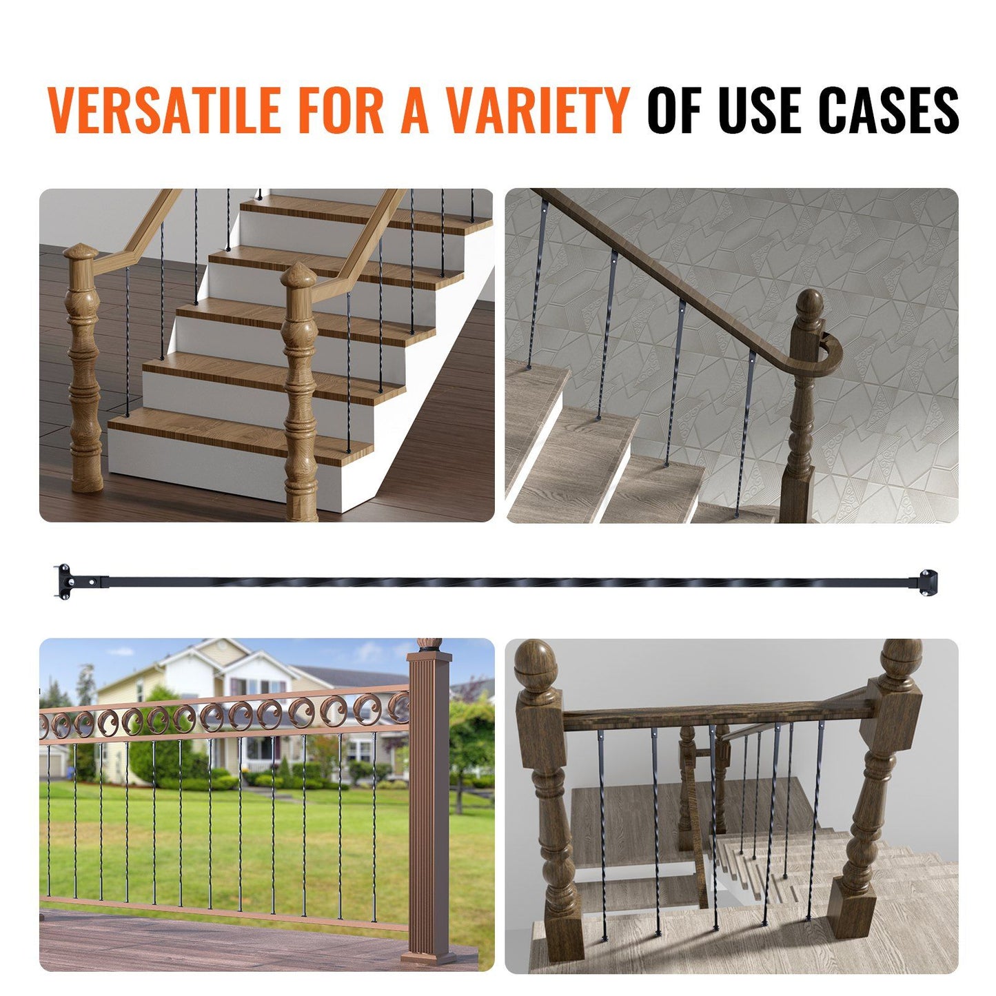 Staircase Metal Balusters, 44'' x 1/2" Galvanized Steel Decorative Banister Spindles, 10 Pack Deck Baluster with Hollow Twists, Satin Black Spiral Stair Railing with Shoes & Screws