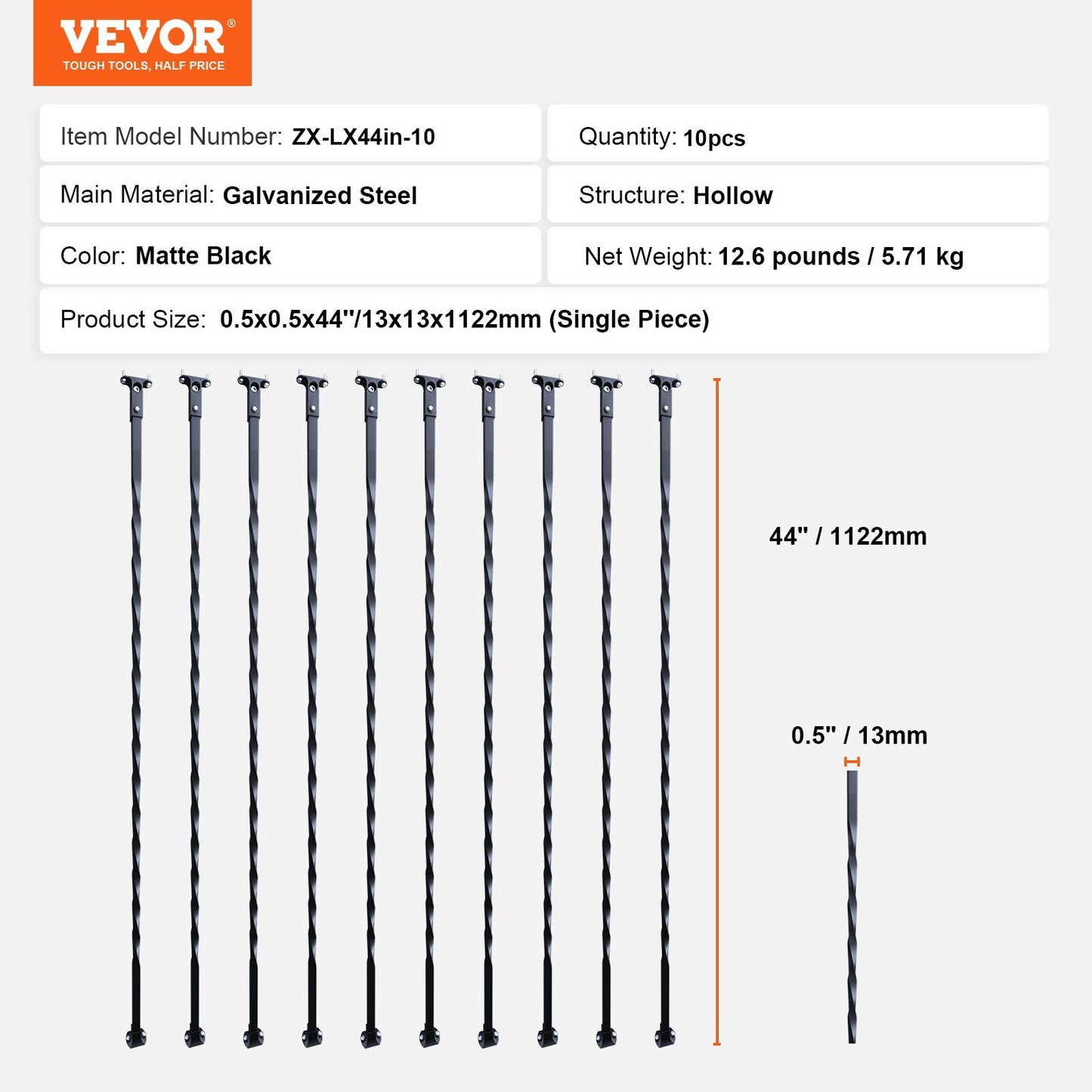 Staircase Metal Balusters, 44'' x 1/2" Galvanized Steel Decorative Banister Spindles, 10 Pack Deck Baluster with Hollow Twists, Satin Black Spiral Stair Railing with Shoes & Screws