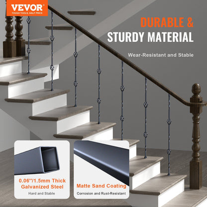 Staircase Metal Balusters, 44'' x 1/2" Galvanized Steel Decorative Banister Spindles, 10 Pack Deck Baluster with Hollow Double Baskets, Spiral Stair Railing with Shoes & Screws