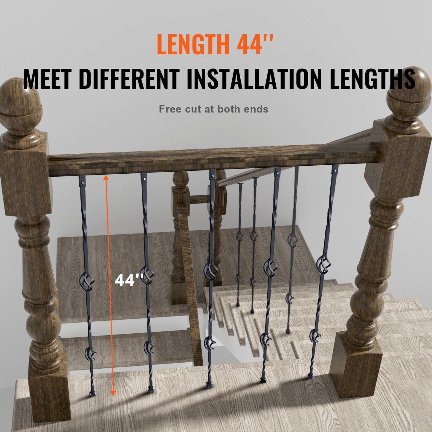 Staircase Metal Balusters, 44'' x 1/2" Galvanized Steel Decorative Banister Spindles, 10 Pack Deck Baluster with Hollow Double Baskets, Spiral Stair Railing with Shoes & Screws