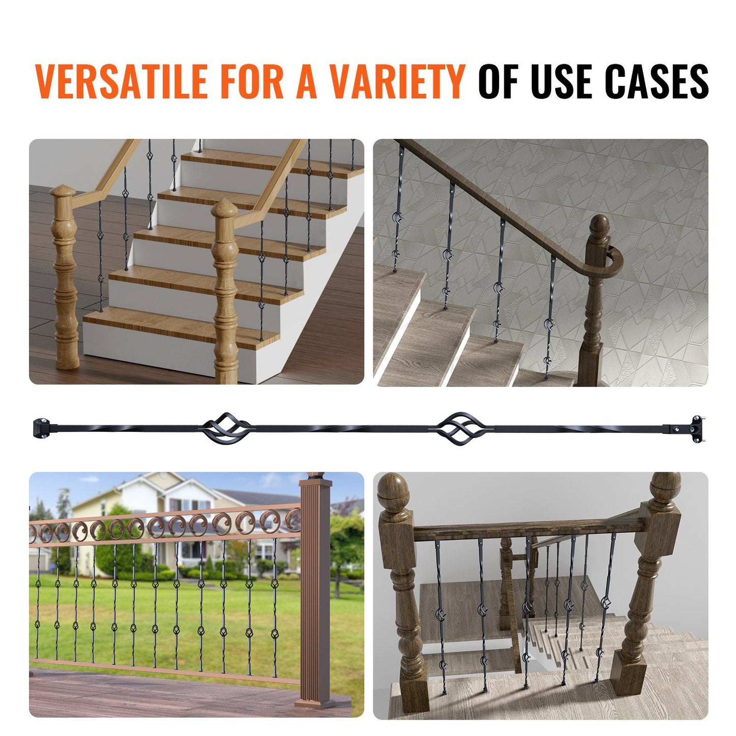 Staircase Metal Balusters, 44'' x 1/2" Galvanized Steel Decorative Banister Spindles, 10 Pack Deck Baluster with Hollow Double Baskets, Spiral Stair Railing with Shoes & Screws