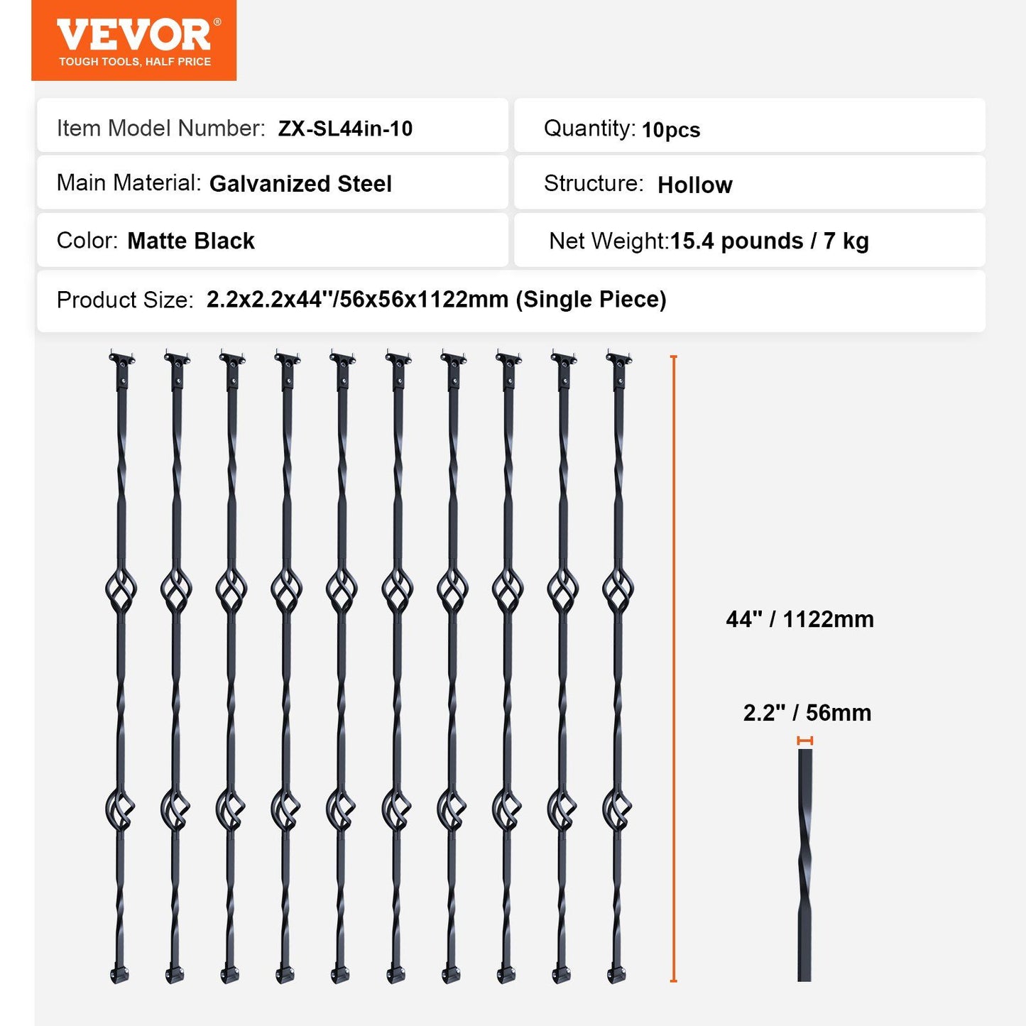 Staircase Metal Balusters, 44'' x 1/2" Galvanized Steel Decorative Banister Spindles, 10 Pack Deck Baluster with Hollow Double Baskets, Spiral Stair Railing with Shoes & Screws