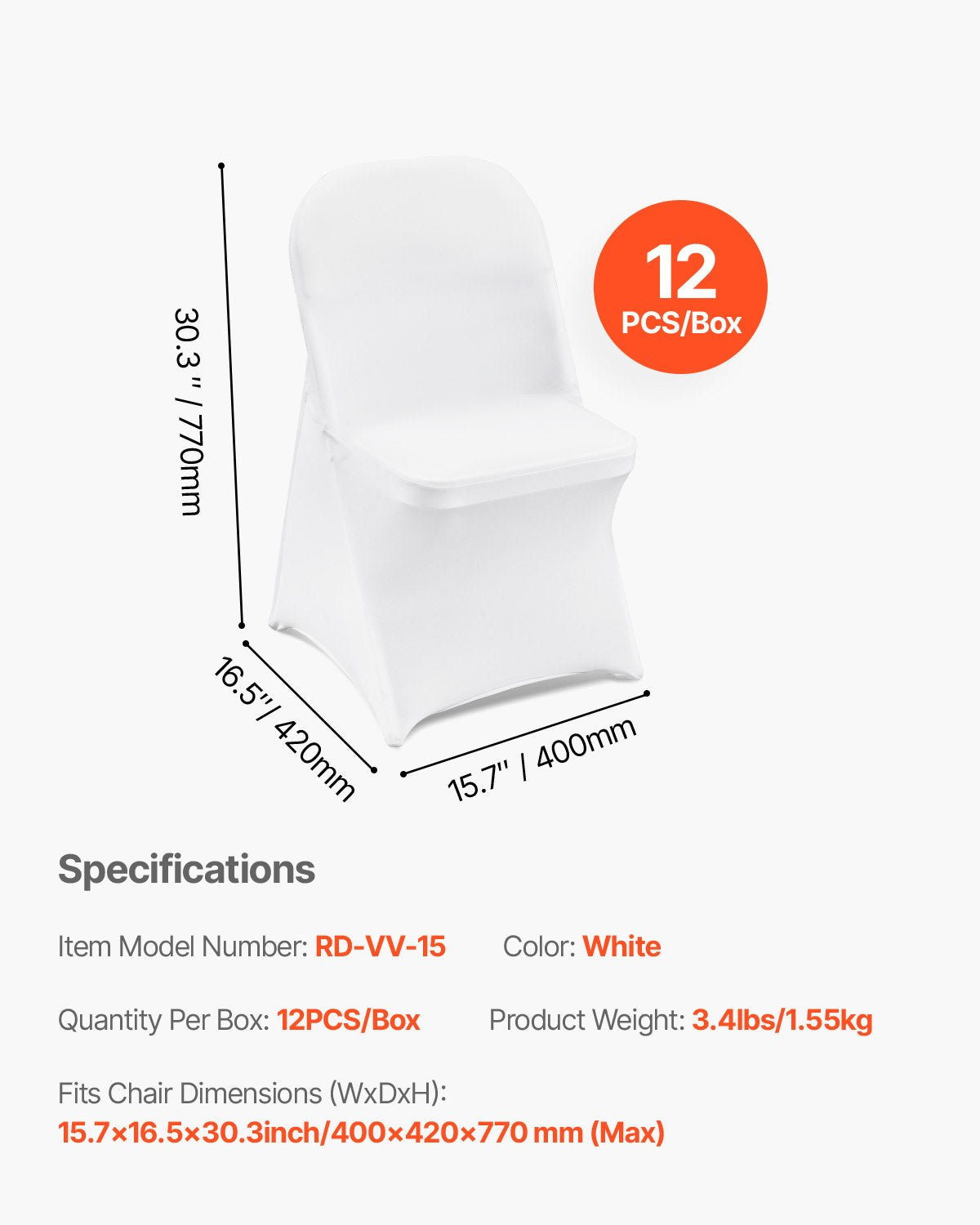 VEVOR Stretch Spandex Folding Chair Covers, Universal Fitted Chair Cover, Removable Washable Protective Slipcovers, for Wedding, Holiday, Banquet, Party, Celebration, Dining (12PCS White)