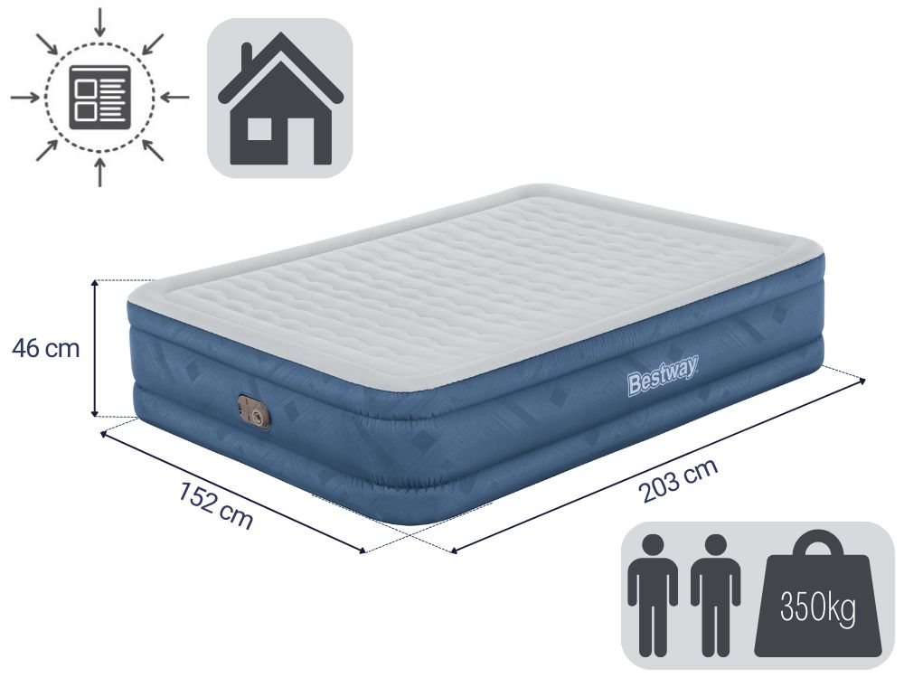 Bestway 2.03m x 1.52m x 46cm Fortech Snugable Top Air Inflatable Mattress Queen Built-in AC Pump