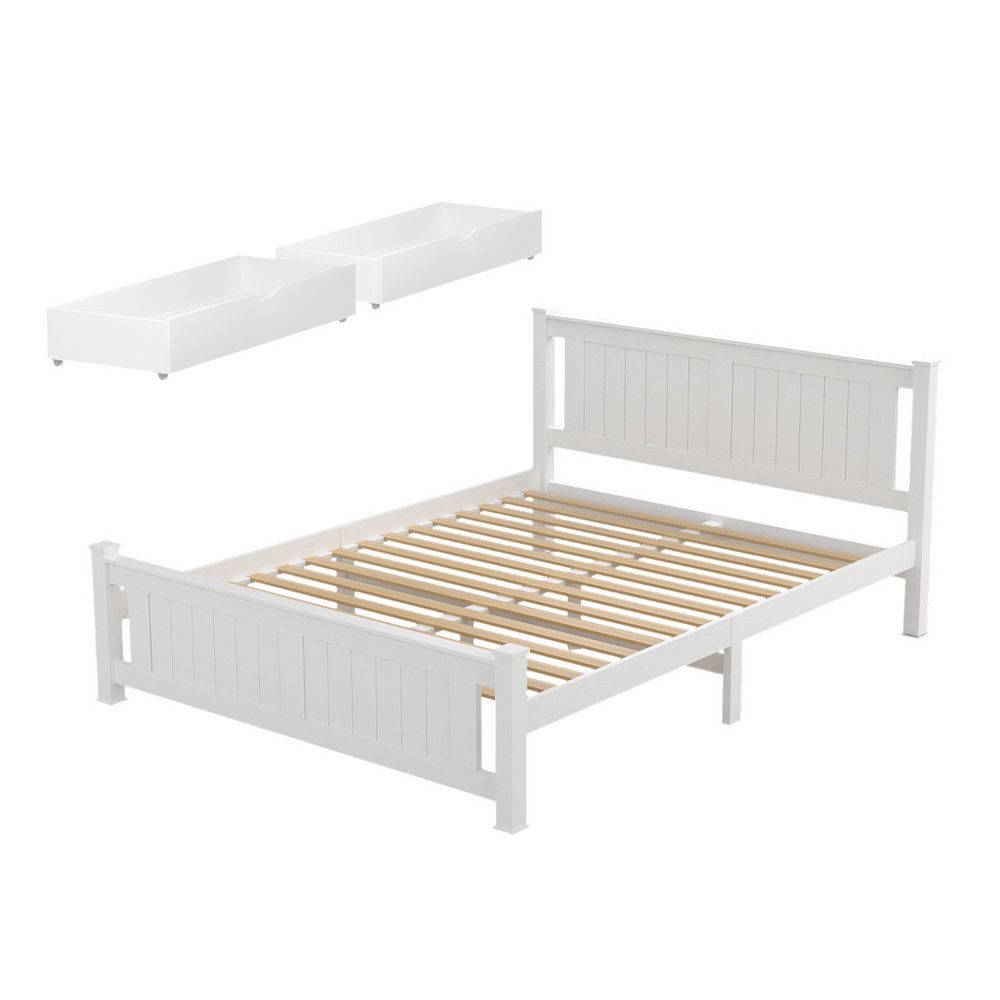 Artiss Bed Frame Queen Size Wooden Platform with 2 Storage Drawers White RIO