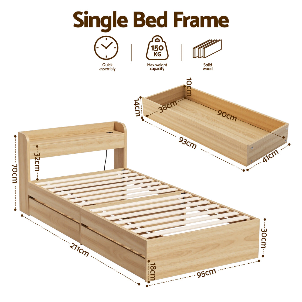 Artiss Single Bed Frame with 2 Storage Drawers Platform Bed Base with USB Ports Sturdy Wooden Slat Support Natural