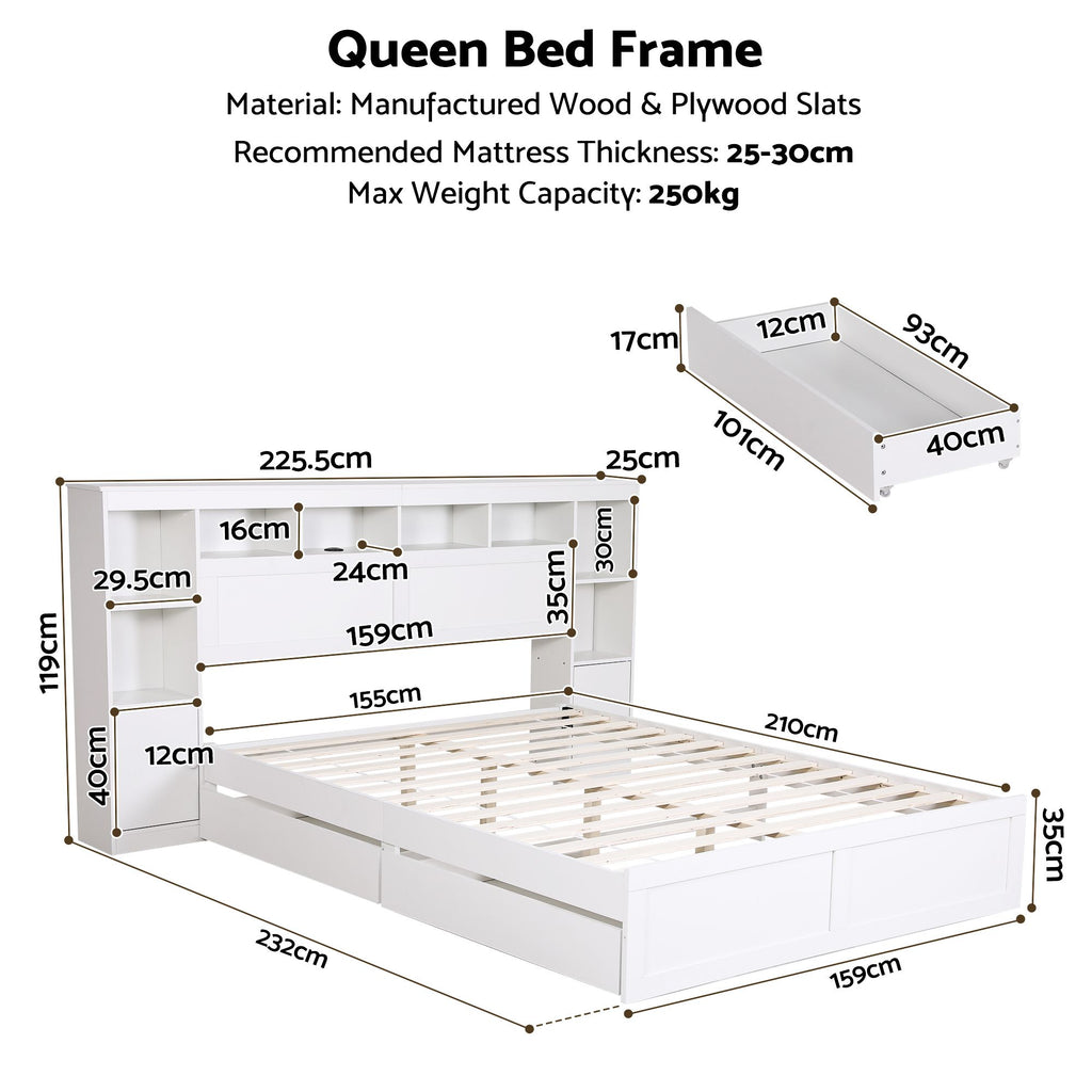 Artiss Queen Bed Frame with Storage Bookcase Headboard, USB & Type-C Ports & Drawers White