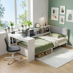 Artiss White Single Solid Wood Corner Platform Bed Frame with Built-in Desk, Storage Shelves and USB-C Charging Station for Small Spaces, Wooden Bed Base for Guest Room